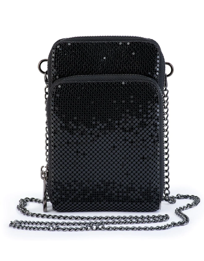 Black Olga Berg Elton Mesh Cross Body Bag with sleek design and adjustable strap, ideal for stylish everyday use.