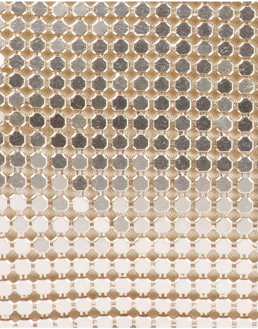 Olga Berg Elton mesh crossbody bag in gold with a sleek design and adjustable strap, perfect for stylish everyday use.