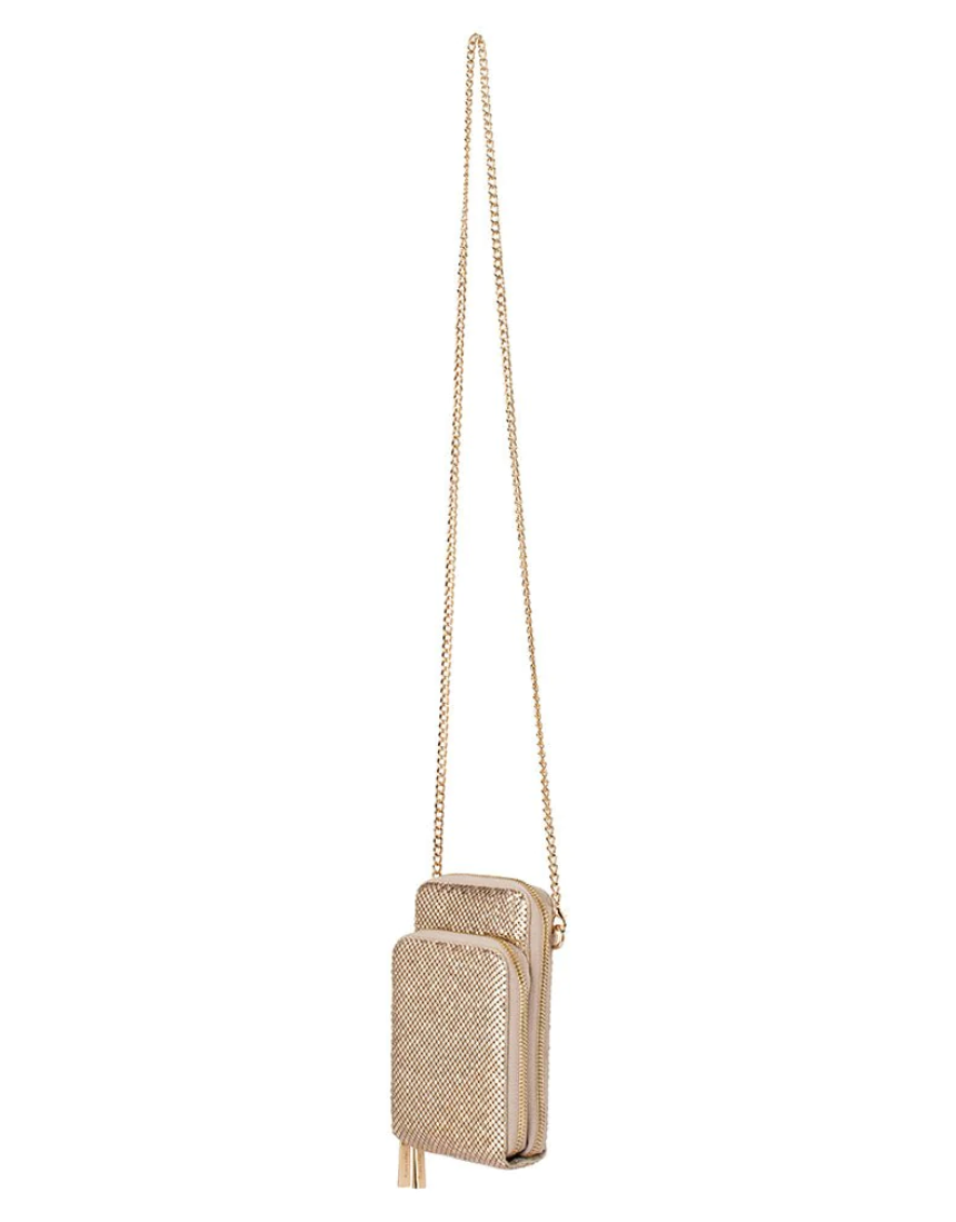 Olga Berg Elton mesh cross body bag in gold with adjustable strap and sleek design for stylish everyday use.