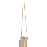 Olga Berg Elton mesh cross body bag in gold with adjustable strap and sleek design for stylish everyday use.