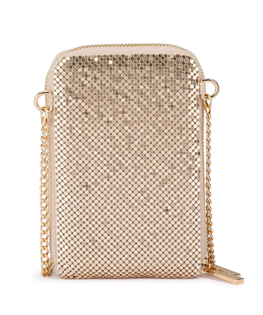 Olga Berg Elton Mesh Cross Body Bag in gold, featuring a sleek design with a chain strap and textured mesh material.