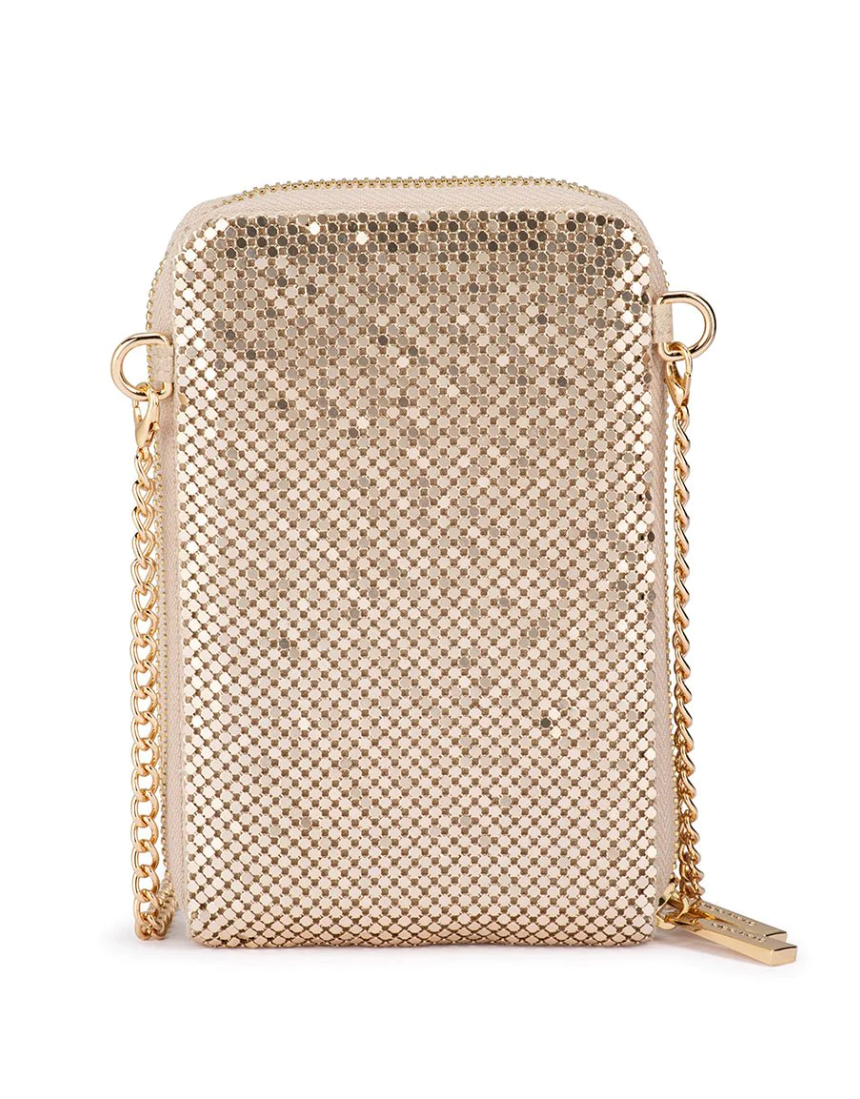 Olga Berg Elton Mesh Cross Body Bag in gold, featuring a sleek design with a chain strap and textured mesh material.