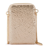 Olga Berg Elton Mesh Cross Body Bag in gold, featuring a sleek design with a chain strap and textured mesh material.