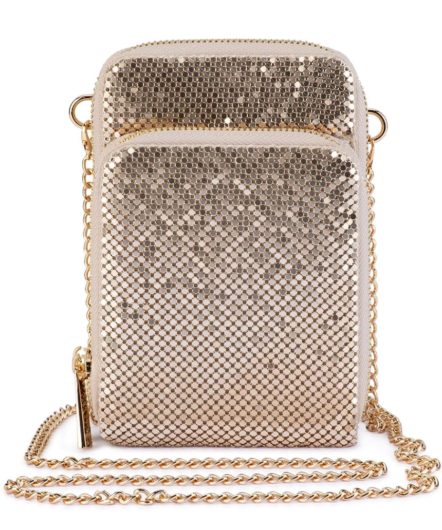Olga Berg Elton Mesh Cross Body Bag in gold with chain strap and textured mesh design.