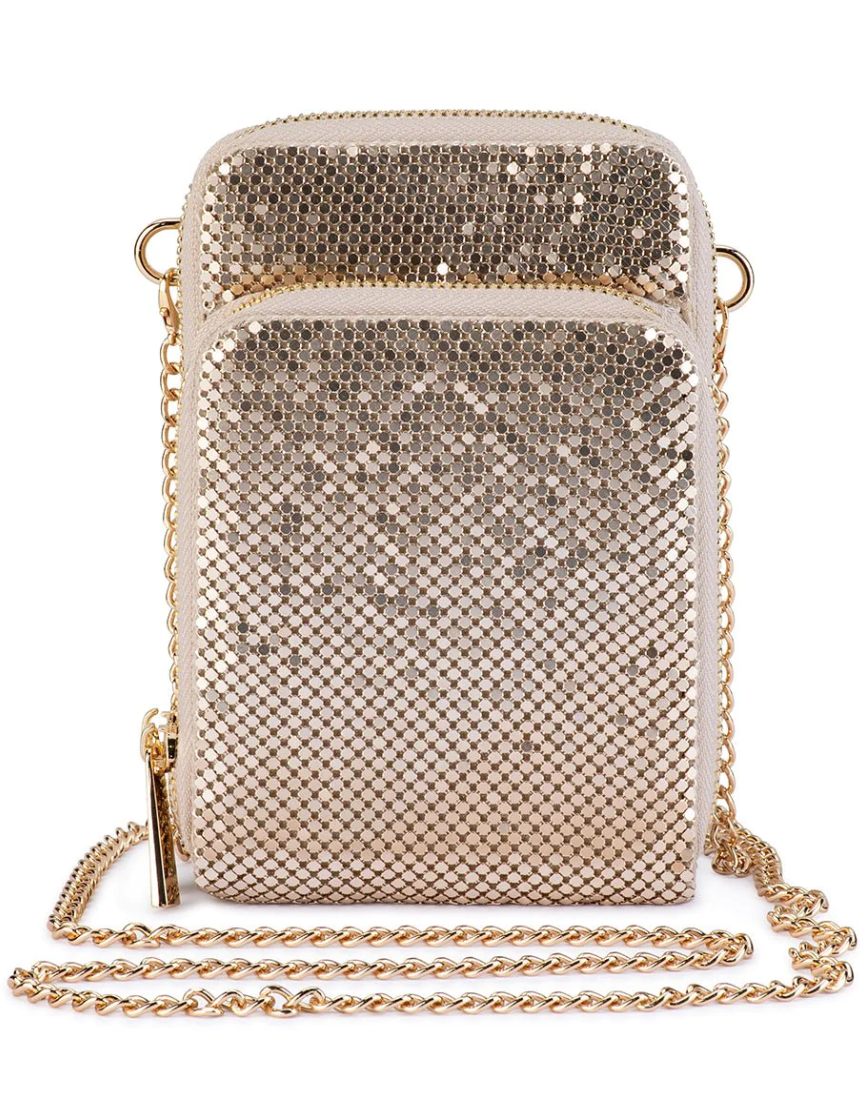Olga Berg Elton Mesh Cross Body Bag in gold with chain strap and textured mesh design.