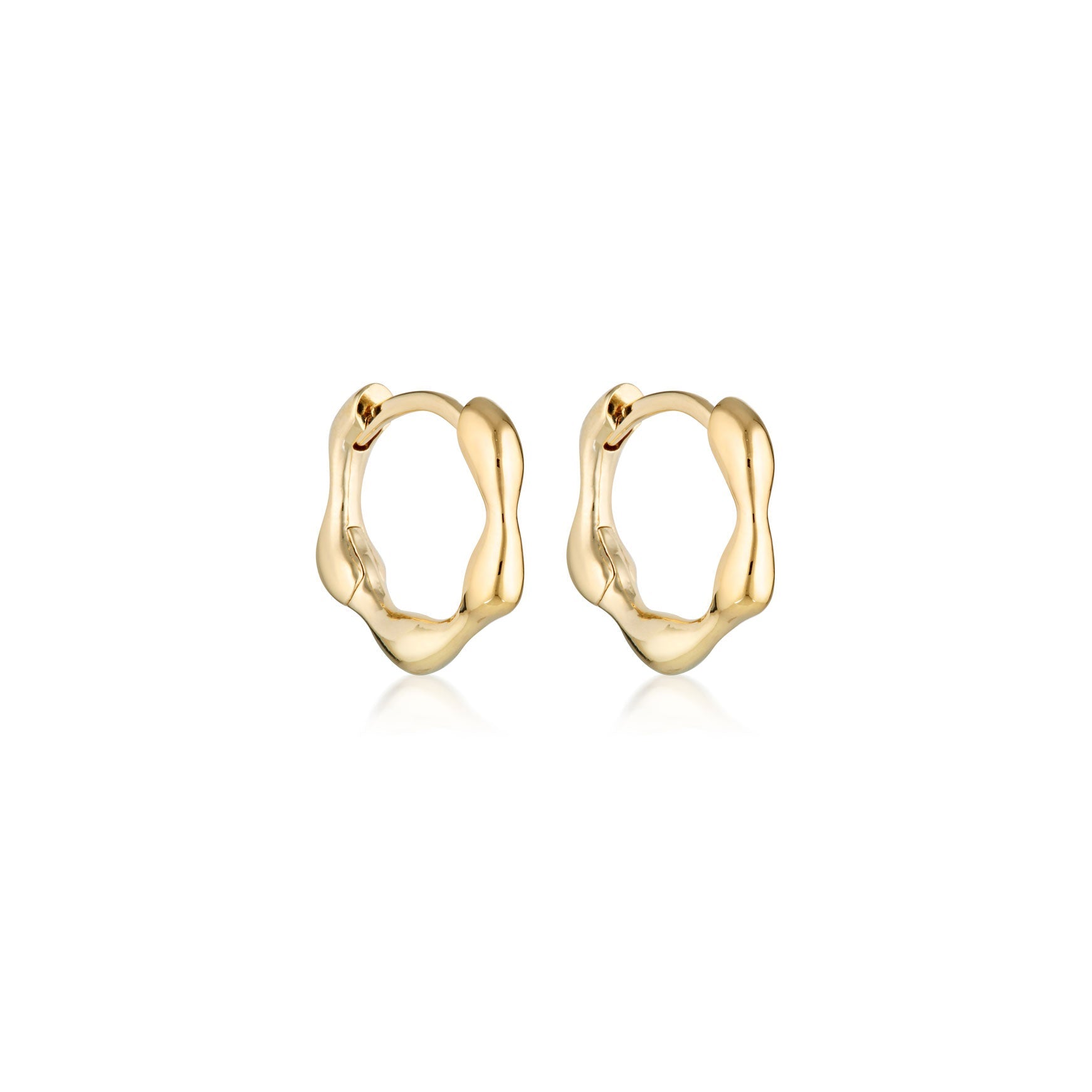 Linda Tahija Organica Mini Huggie Earrings in gold, close-up of small, stylish hoop earrings with a sleek finish.