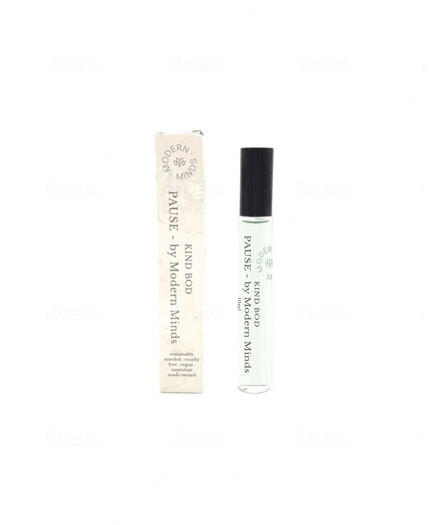 Kind Bod Pause x Modern Minds Essential Oil Roller with soothing herbal blend displayed in a clear roller bottle.