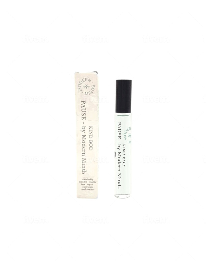 Kind Bod Pause x Modern Minds Essential Oil Roller with soothing herbal blend displayed in a clear roller bottle.