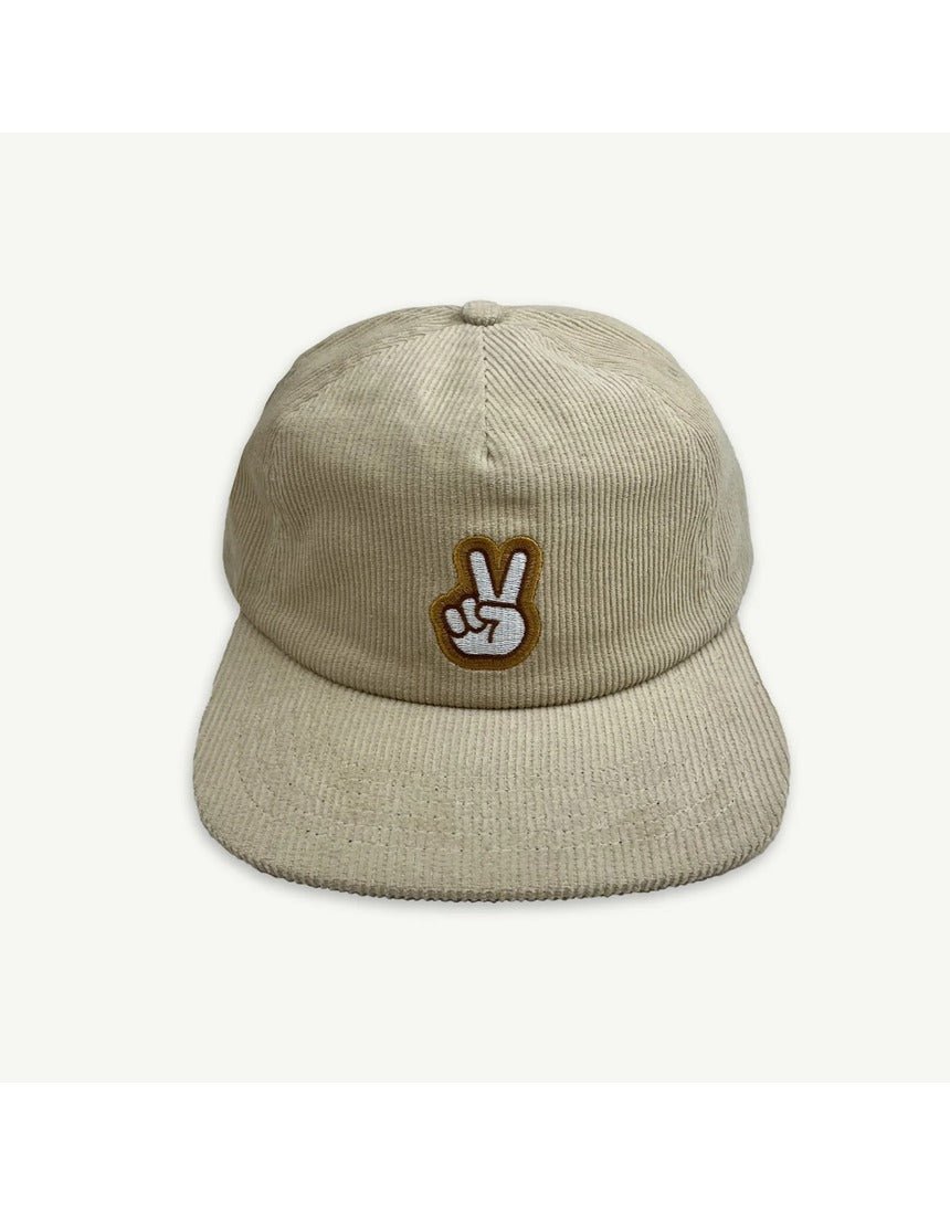 Banabae Peace Cord Adults Cap in Ecru showing front view with peace-themed design and adjustable cord detail.