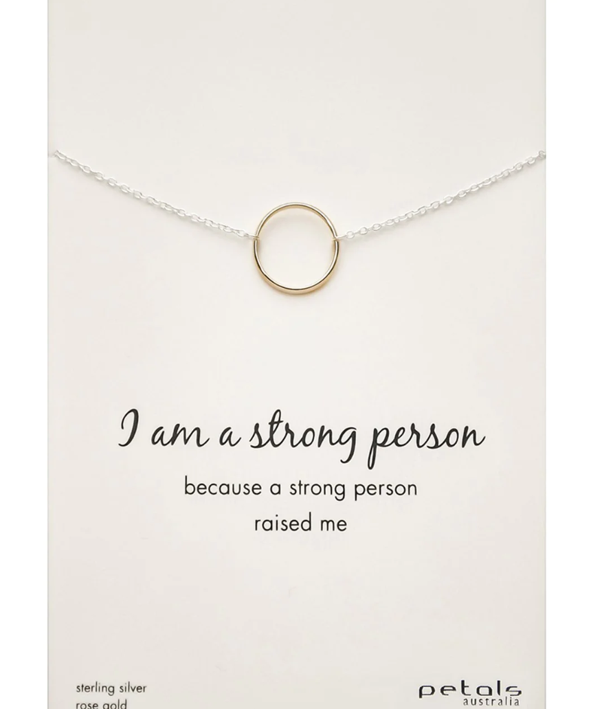 Silver and rose gold Petals Australia "I Am A Strong Person" necklace with delicate petal pendant on chain.