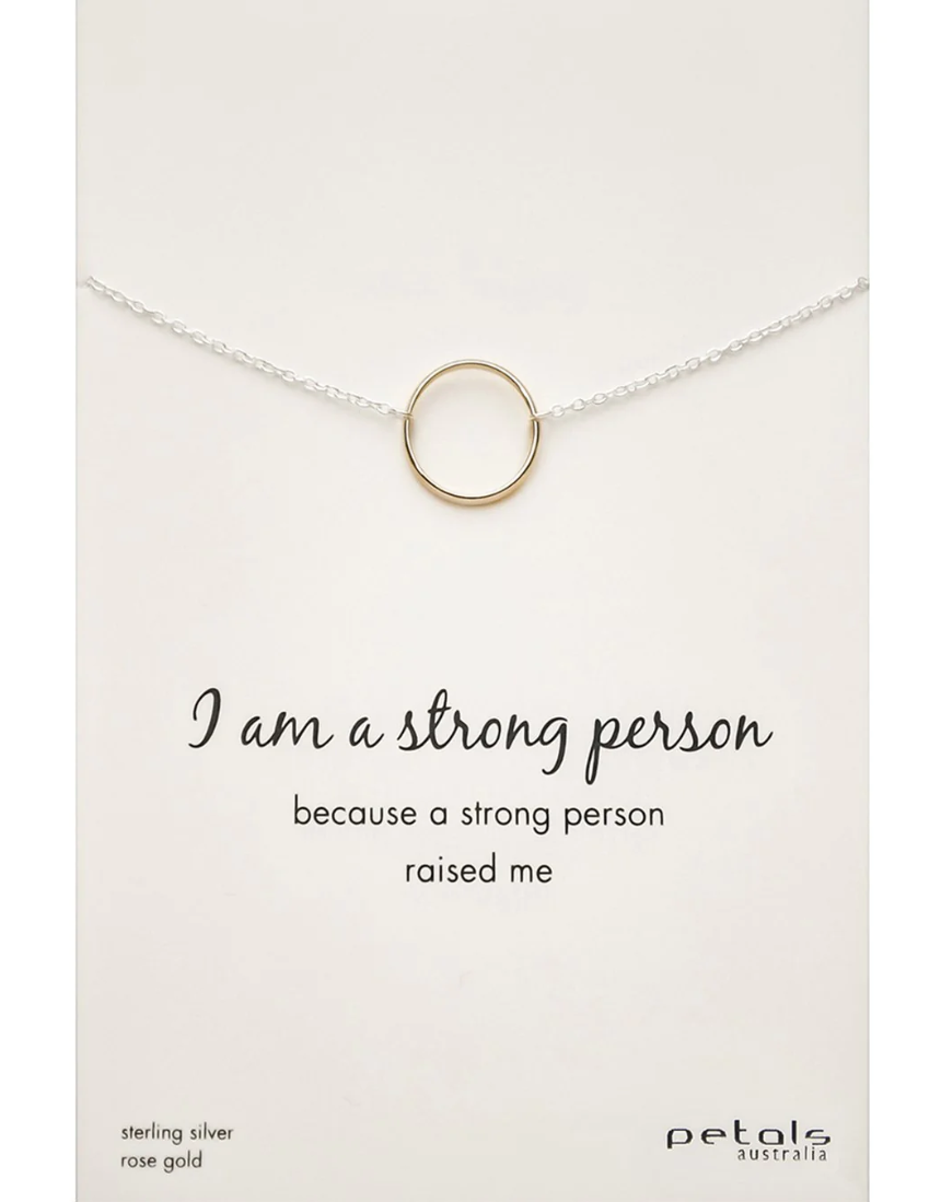Silver and rose gold Petals Australia "I Am A Strong Person" necklace with delicate petal pendant on chain.