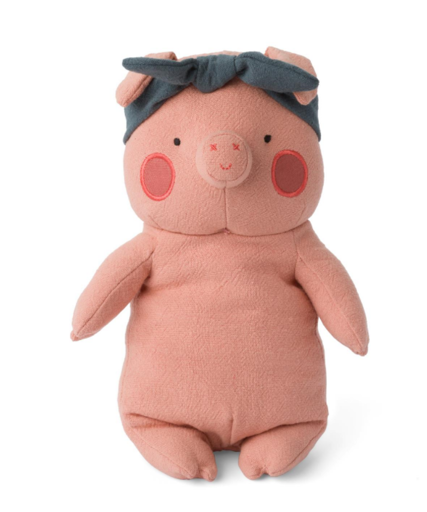 Cute Picca Loulou Piggy Ali doll wearing a colorful scrunchie, showcasing a soft and adorable plush toy with playful accessories.
