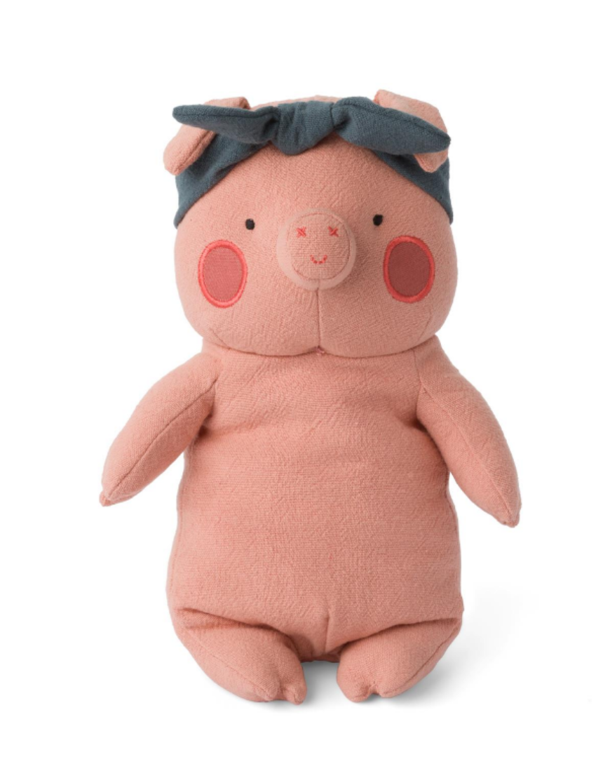 Cute Picca Loulou Piggy Ali doll wearing a colorful scrunchie, showcasing a soft and adorable plush toy with playful accessories.