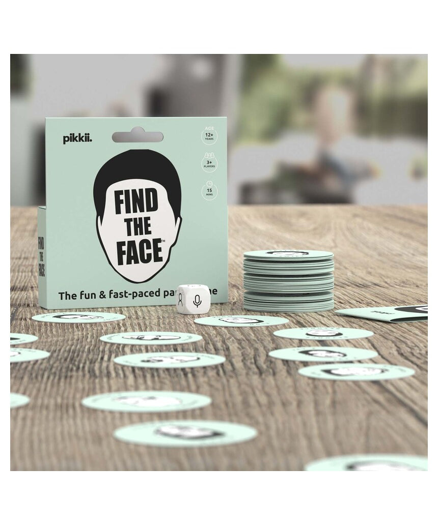 Pikkii Find the Face Party Game showing colorful game cards and face images for fun group play.