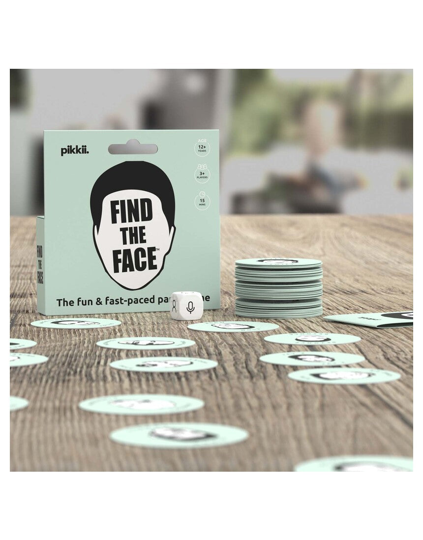 Pikkii Find the Face Party Game showing colorful game cards and face images for fun group play.