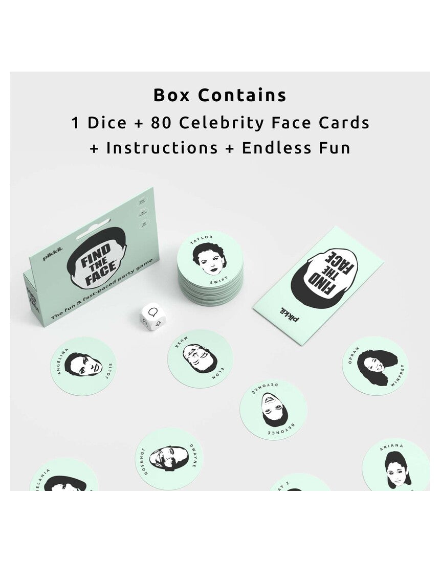 Pikkii Find the Face Party Game with colorful game components and face cards for fun group play.