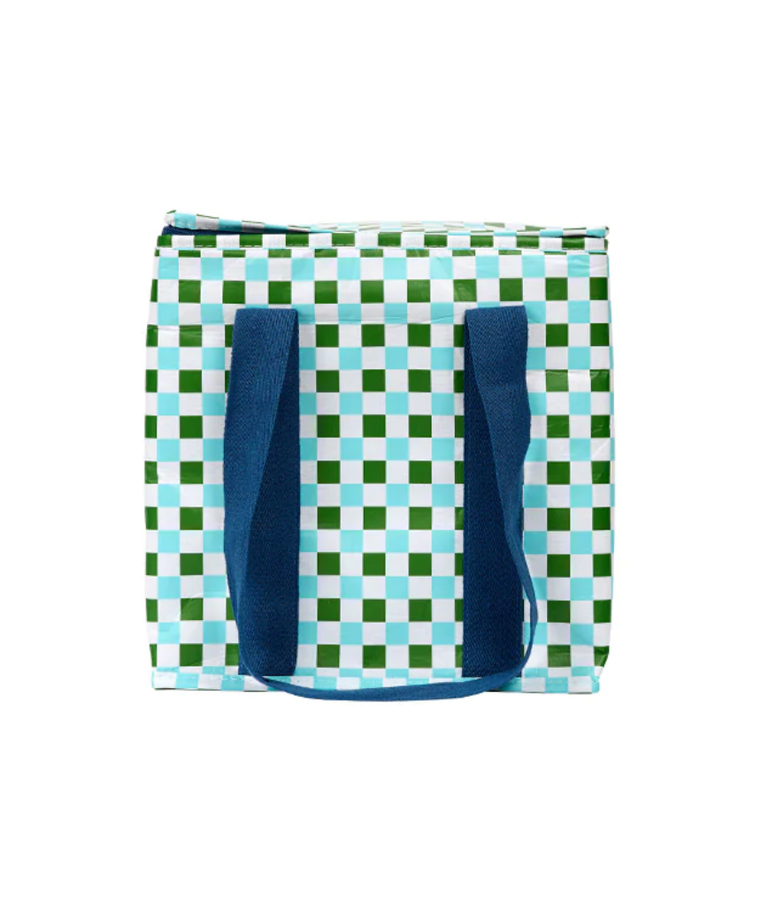 Project Ten Checkers Insulated Tote Bag with black and white checkered pattern and sturdy handles for carrying food and drinks.