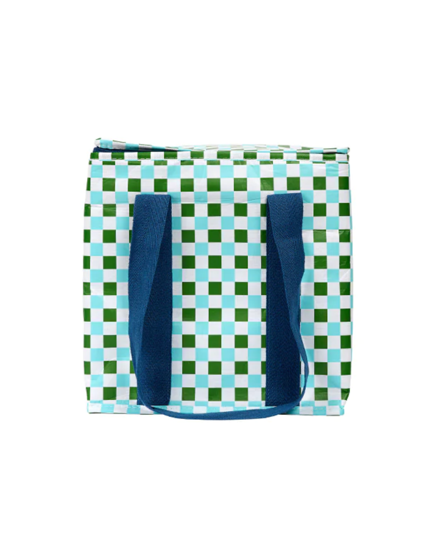 Project Ten Checkers Insulated Tote Bag with black and white checkered pattern and sturdy handles for carrying food and drinks.