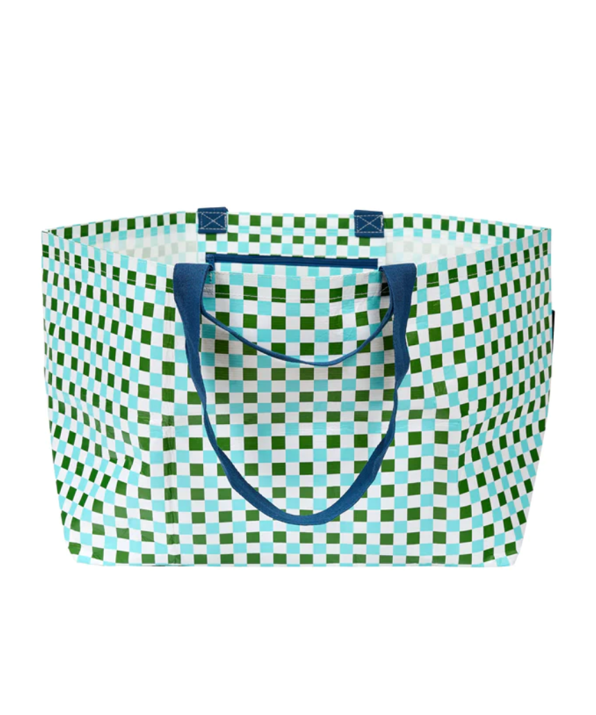 Project Ten checkers oversized tote bag with bold black and white geometric pattern, large handles, and spacious interior.