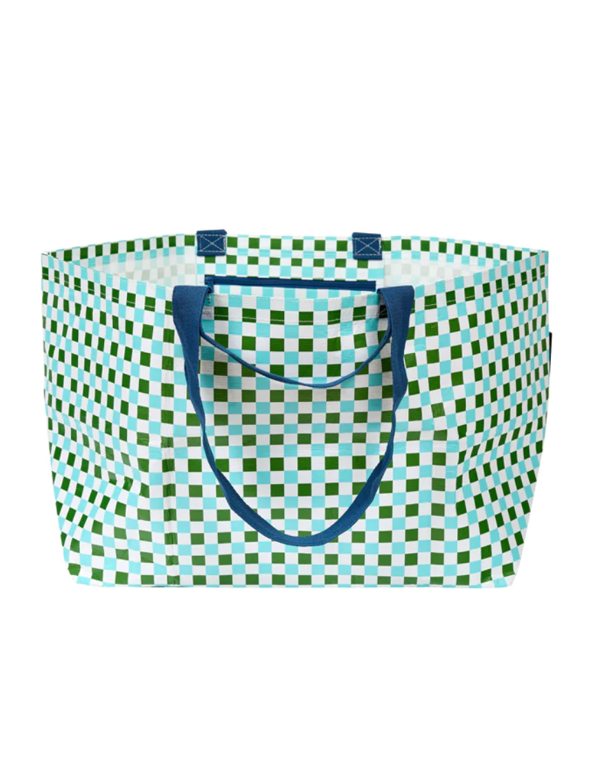 Project Ten checkers oversized tote bag with bold black and white geometric pattern, large handles, and spacious interior.