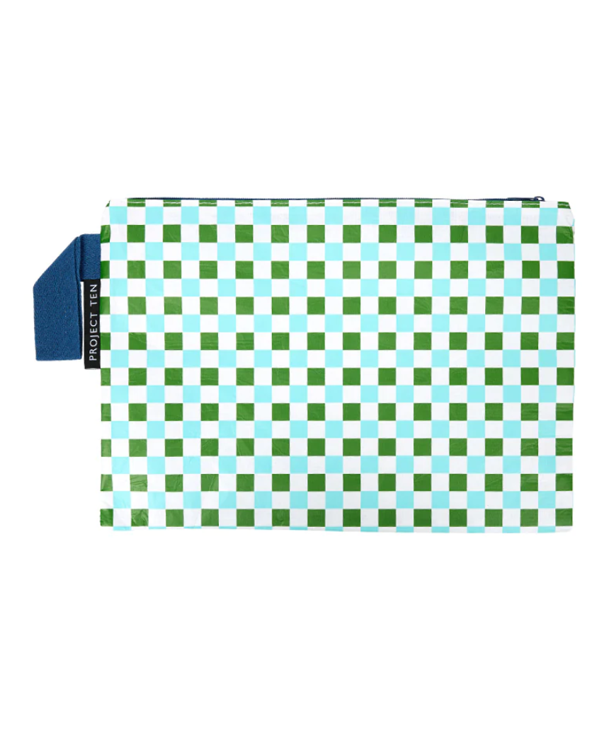 Project Ten checkers zip pouch bag featuring a colorful checkered pattern and a secure zip closure.
