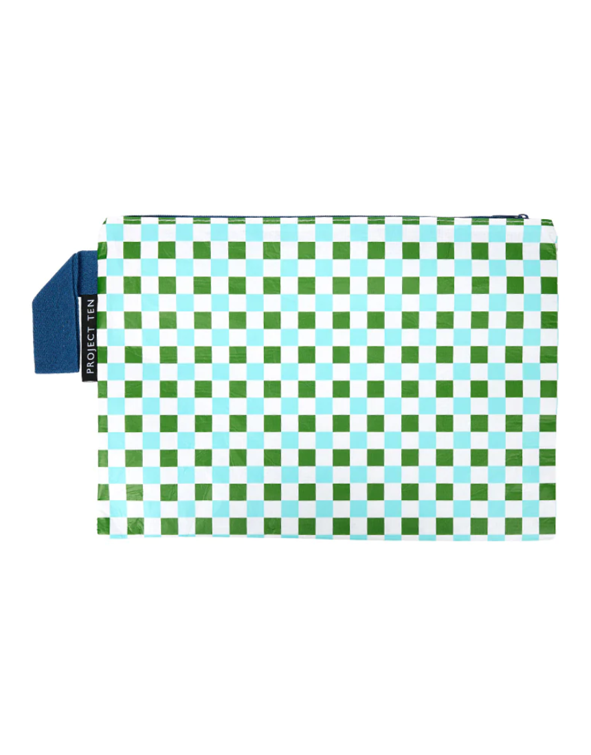 Project Ten checkers zip pouch bag featuring a colorful checkered pattern and a secure zip closure.