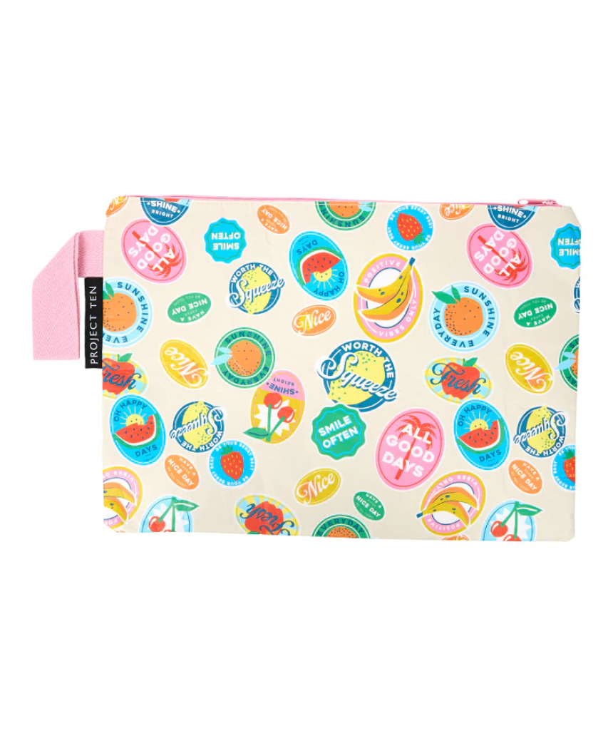 Project Ten fruit stickers zip pouch bag featuring colorful fruit sticker designs and a compact, practical storage solution.