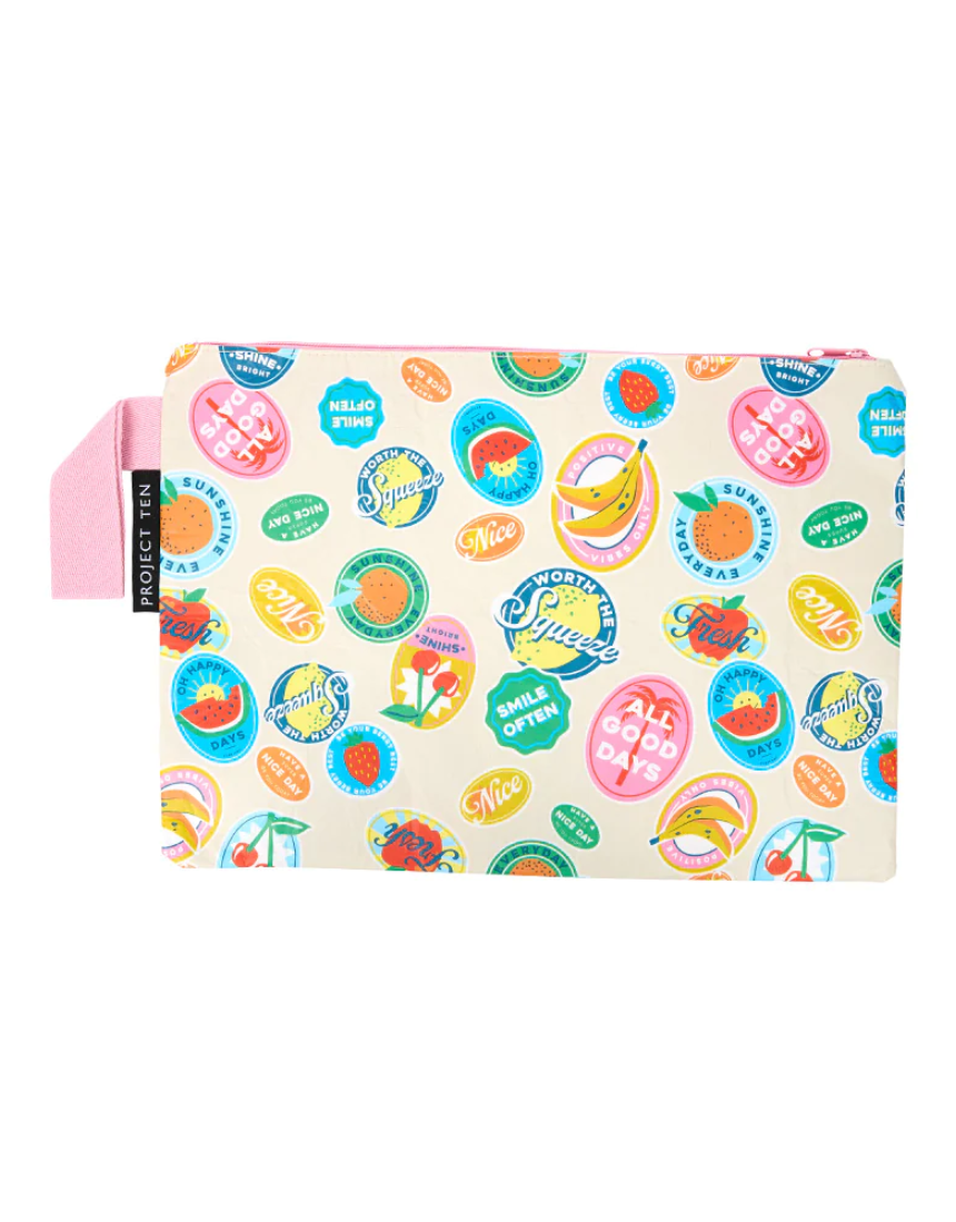 Project Ten fruit stickers zip pouch bag featuring colorful fruit sticker designs and a compact, practical storage solution.