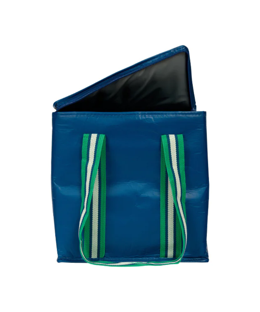 Project Ten P10 navy insulated tote bag with handles, featuring a sleek design and durable construction for carrying food or essentials.