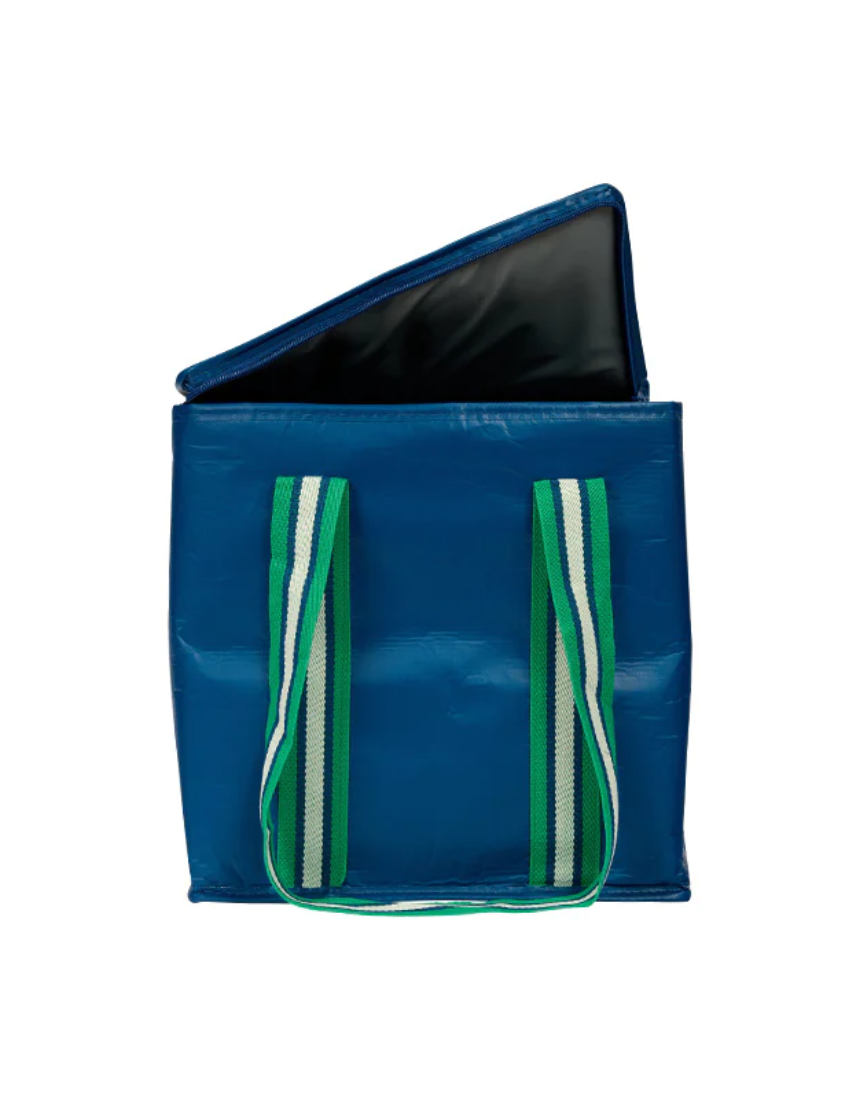 Project Ten P10 navy insulated tote bag with handles, featuring a sleek design and durable construction for carrying food or essentials.