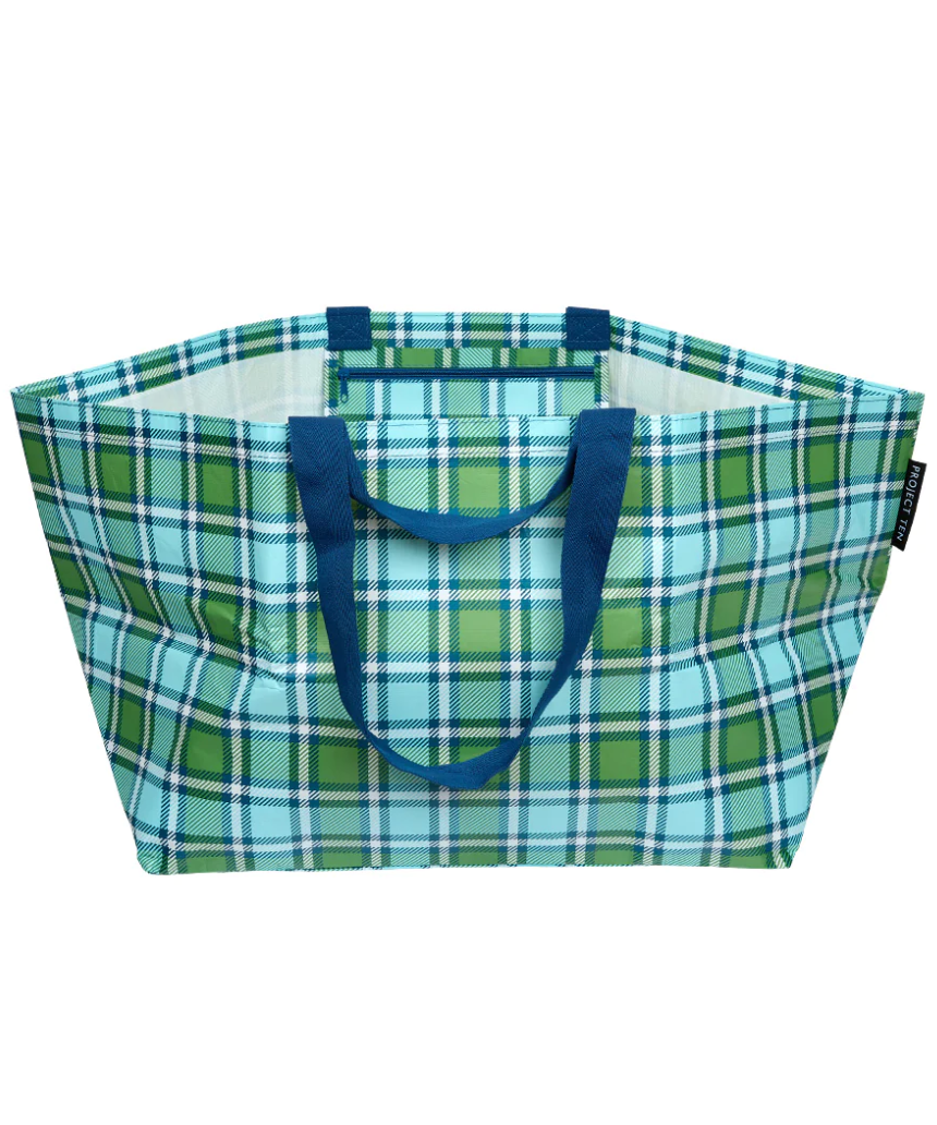 Project Ten oversize tote bag in classic tartan pattern with sturdy handles and spacious interior for everyday use.