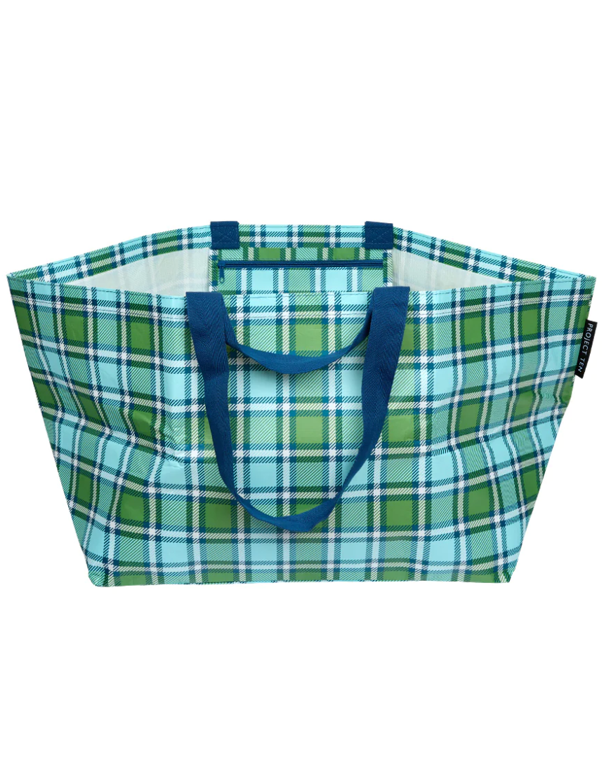 Project Ten oversize tote bag in classic tartan pattern with sturdy handles and spacious interior for everyday use.