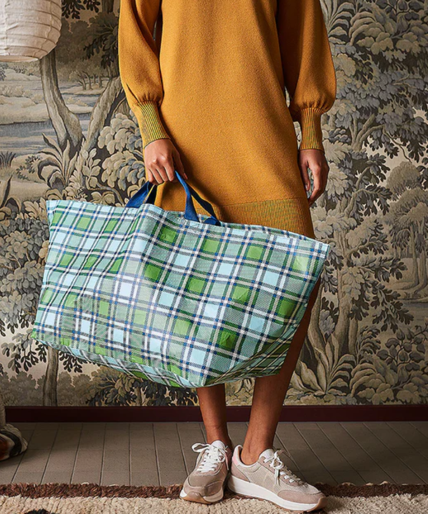 Project Ten oversize tote bag in tartan pattern, spacious and stylish with sturdy handles, perfect for everyday use.