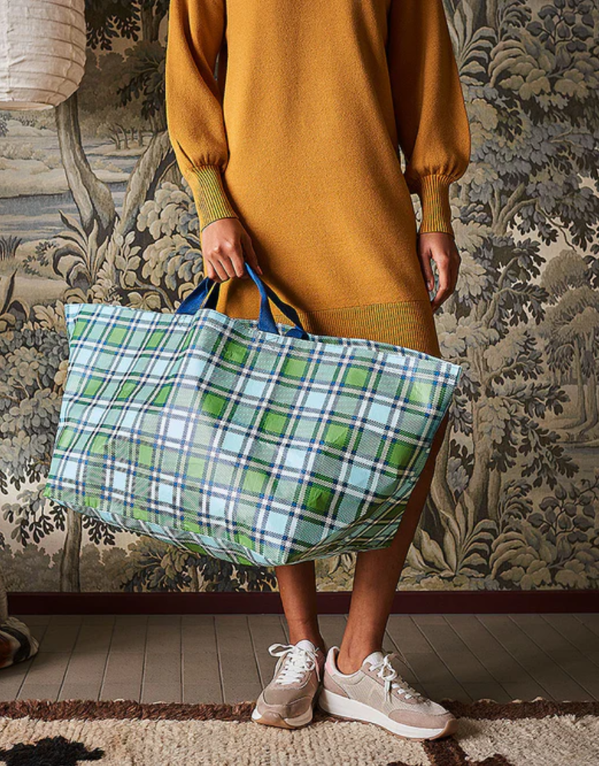 Project Ten oversize tote bag in tartan pattern, spacious and stylish with sturdy handles, perfect for everyday use.