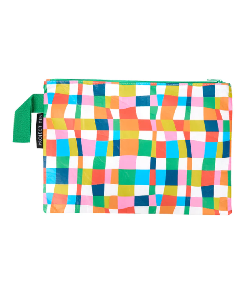 Project Ten Rainbow Weave Zip Pouch bag with colorful woven design and zipper closure.