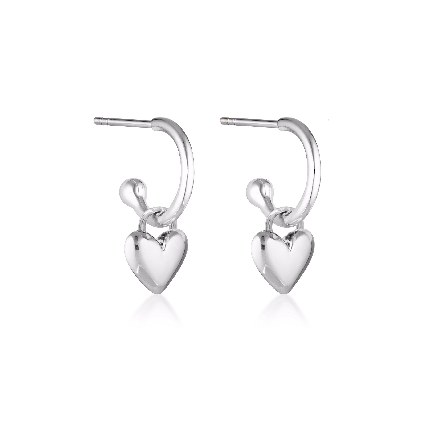 Silver Linda Tahija Amore Core Hoop Earrings with puff-heart design, showcasing elegant and modern hoop jewelry.