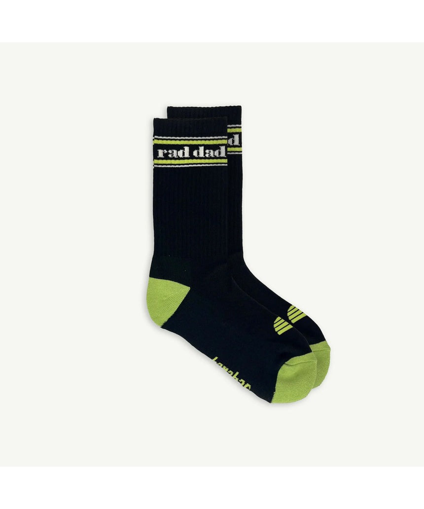 Black and lime Rad Dad organic cotton crew socks by Banabae, featuring a casual design and comfortable fit.