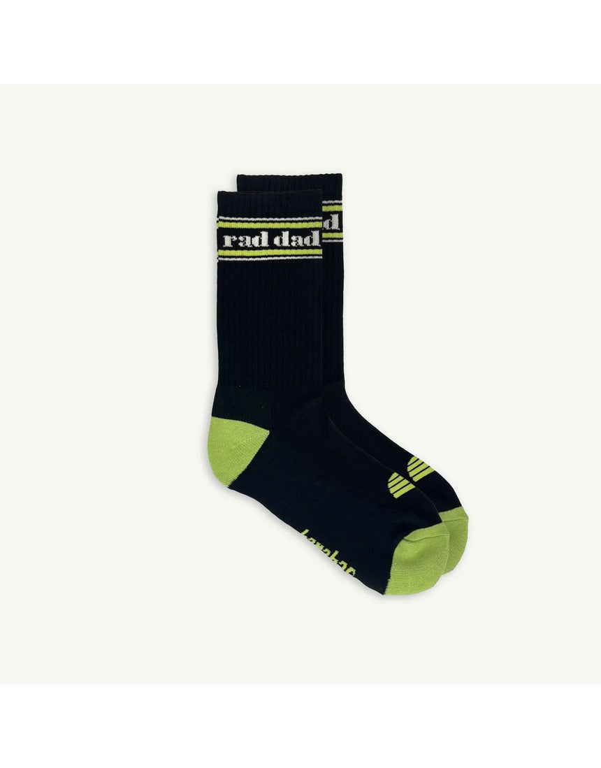 Black and lime Rad Dad organic cotton crew socks by Banabae, featuring a casual design and comfortable fit.