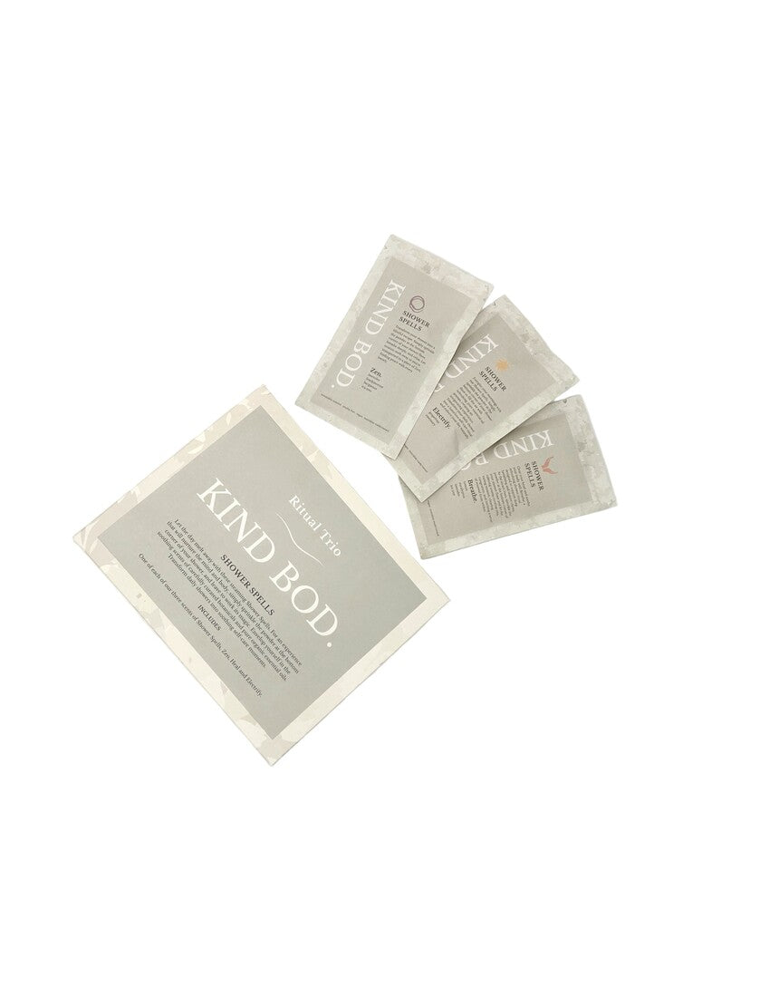 Kind Bod Ritual Trio shower steamers with natural scents, arranged in a box, designed for a relaxing aromatic shower experience.