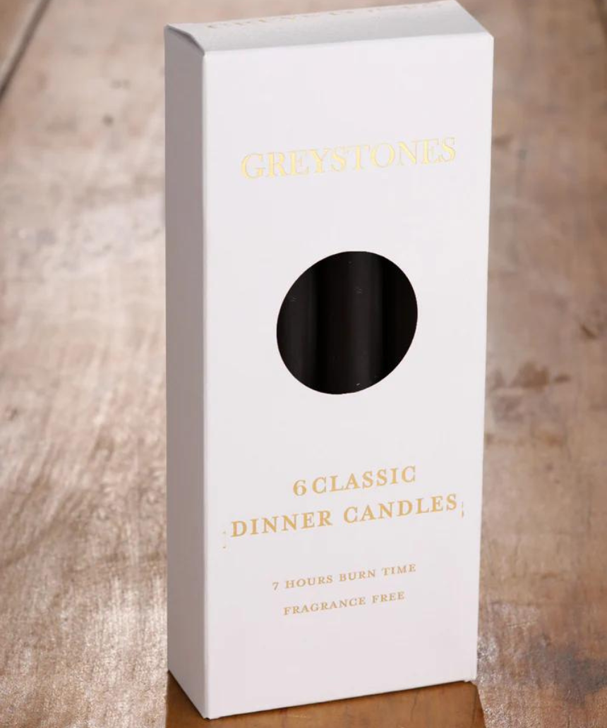 River Road Coven dinner candles, 6-pack, featuring tall white candles with elegant design for special table settings.