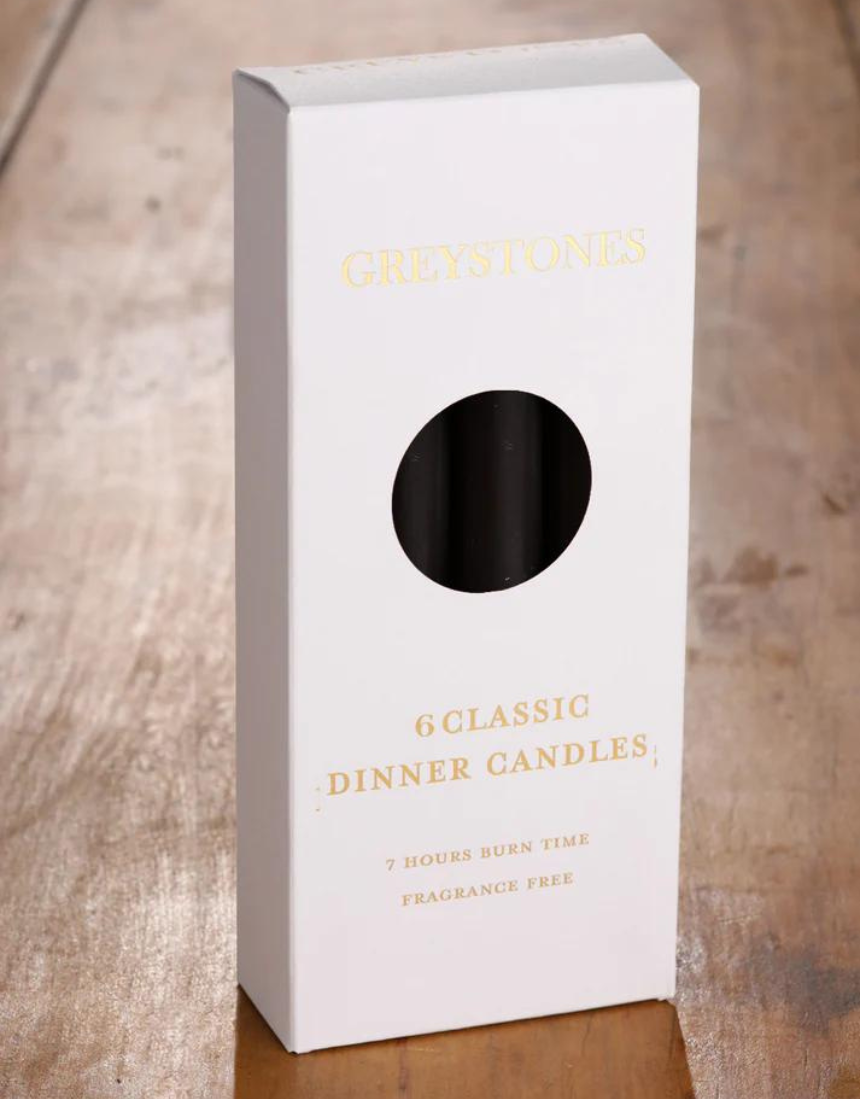 River Road Coven dinner candles, 6-pack, featuring tall white candles with elegant design for special table settings.
