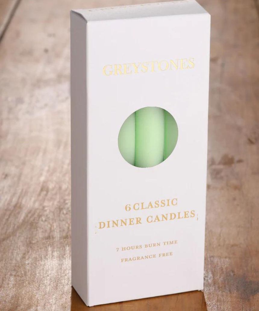 River Road Lunar Moth dinner candles in a 6-pack, featuring tall white candles with lunar moth design for elegant table settings.