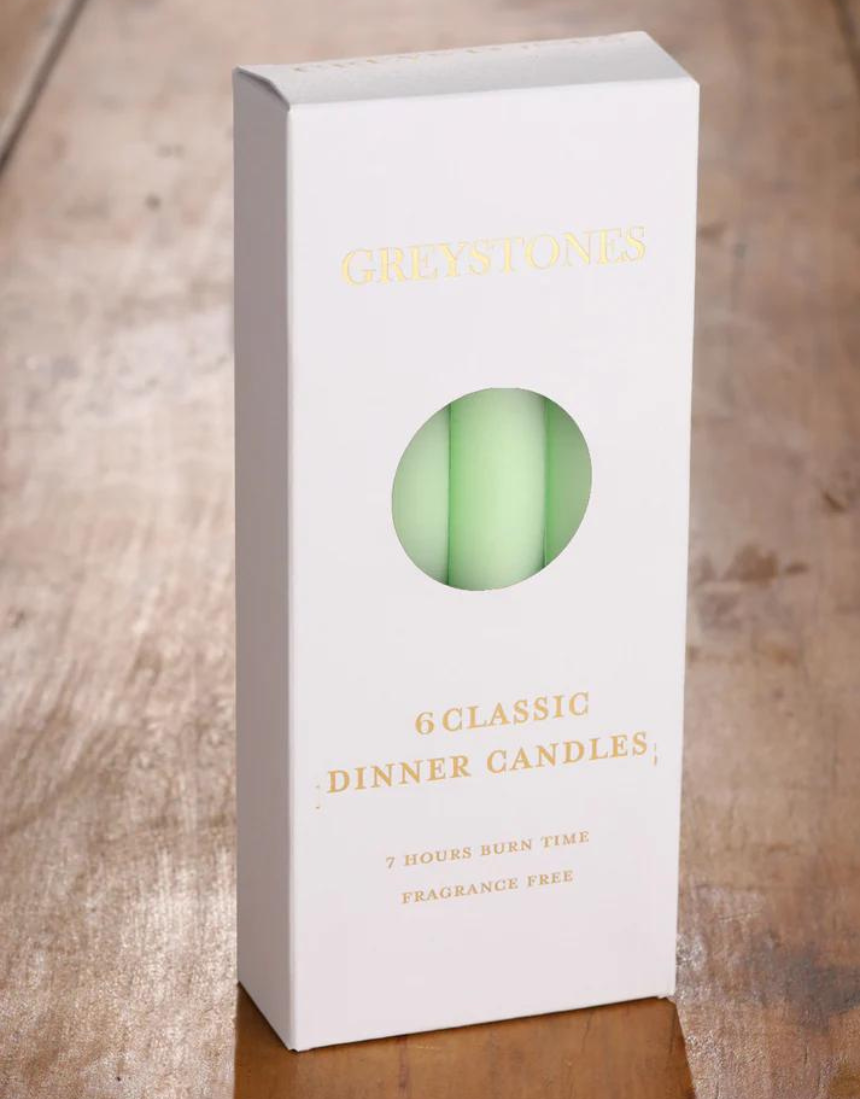River Road Lunar Moth dinner candles in a 6-pack, featuring tall white candles with lunar moth design for elegant table settings.