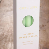 River Road Lunar Moth dinner candles in a 6-pack, featuring tall white candles with lunar moth design for elegant table settings.