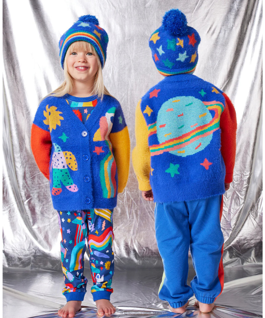 Halcyon Nights Rocket Ride knit beanie hat featuring colorful rocket and star design, cozy and stylish winter accessory.
