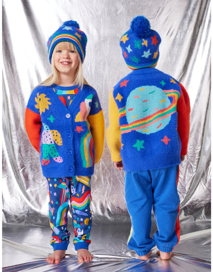 Halcyon Nights Rocket Ride knit beanie hat featuring colorful rocket and star design, cozy and stylish winter accessory.