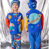 Halcyon Nights Rocket Ride knit beanie hat featuring colorful rocket and star design, cozy and stylish winter accessory.