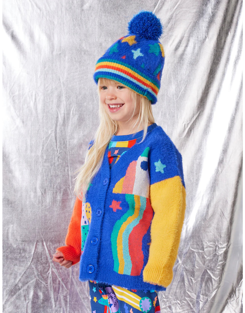 Halcyon Nights Rocket Ride knit beanie hat featuring a colorful rocket design, warm and cozy for kids' winter wear.
