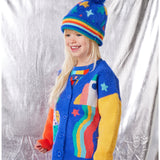 Halcyon Nights Rocket Ride knit beanie hat featuring a colorful rocket design, warm and cozy for kids' winter wear.