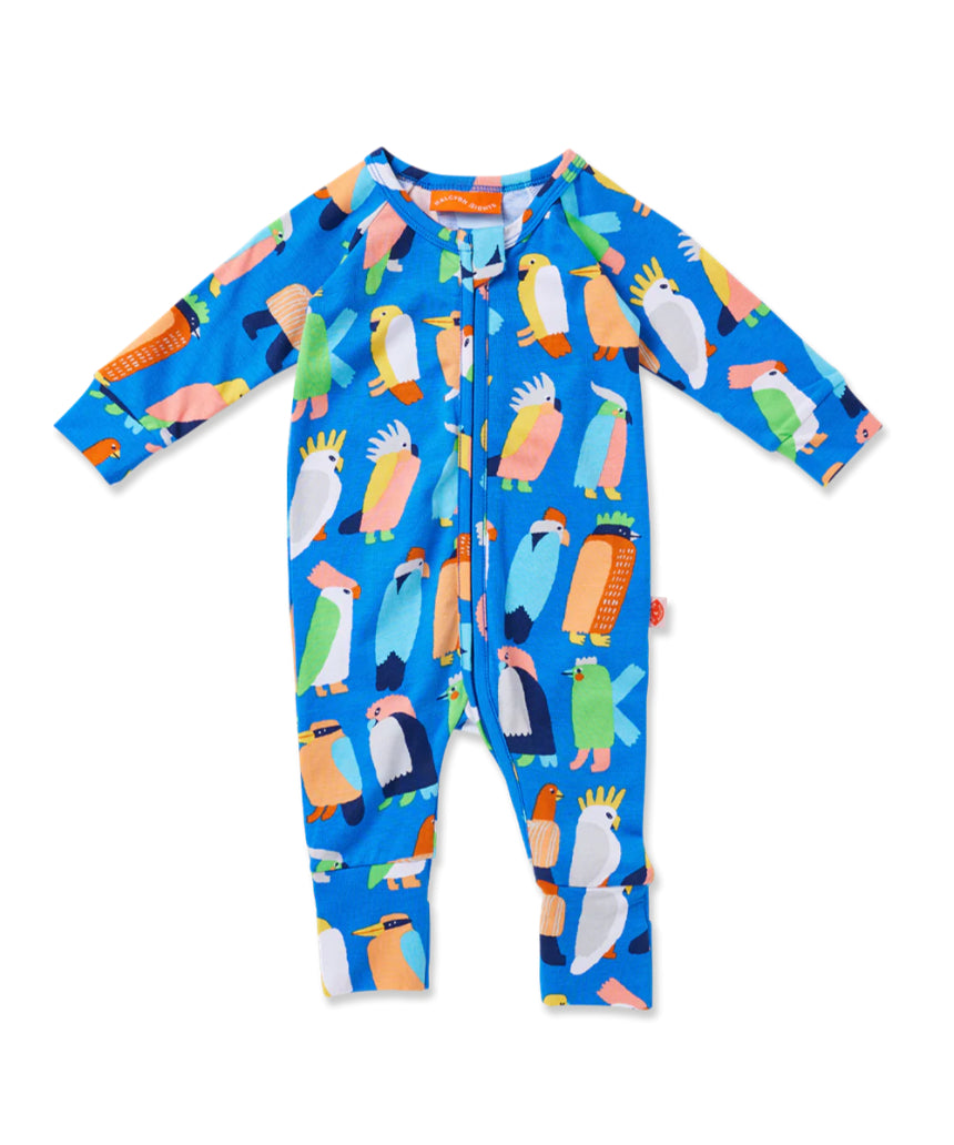 Baby blue long sleeve zip suit featuring Flamin' Galahs design from Halcyon Nights, soft and comfortable for little ones.